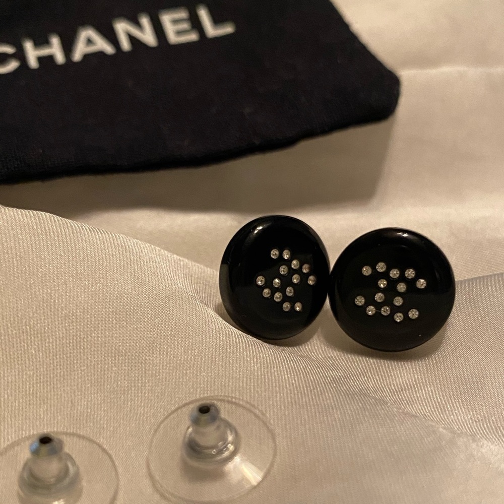 Authentic CHANEL Black Crystal CC Stud Earrings